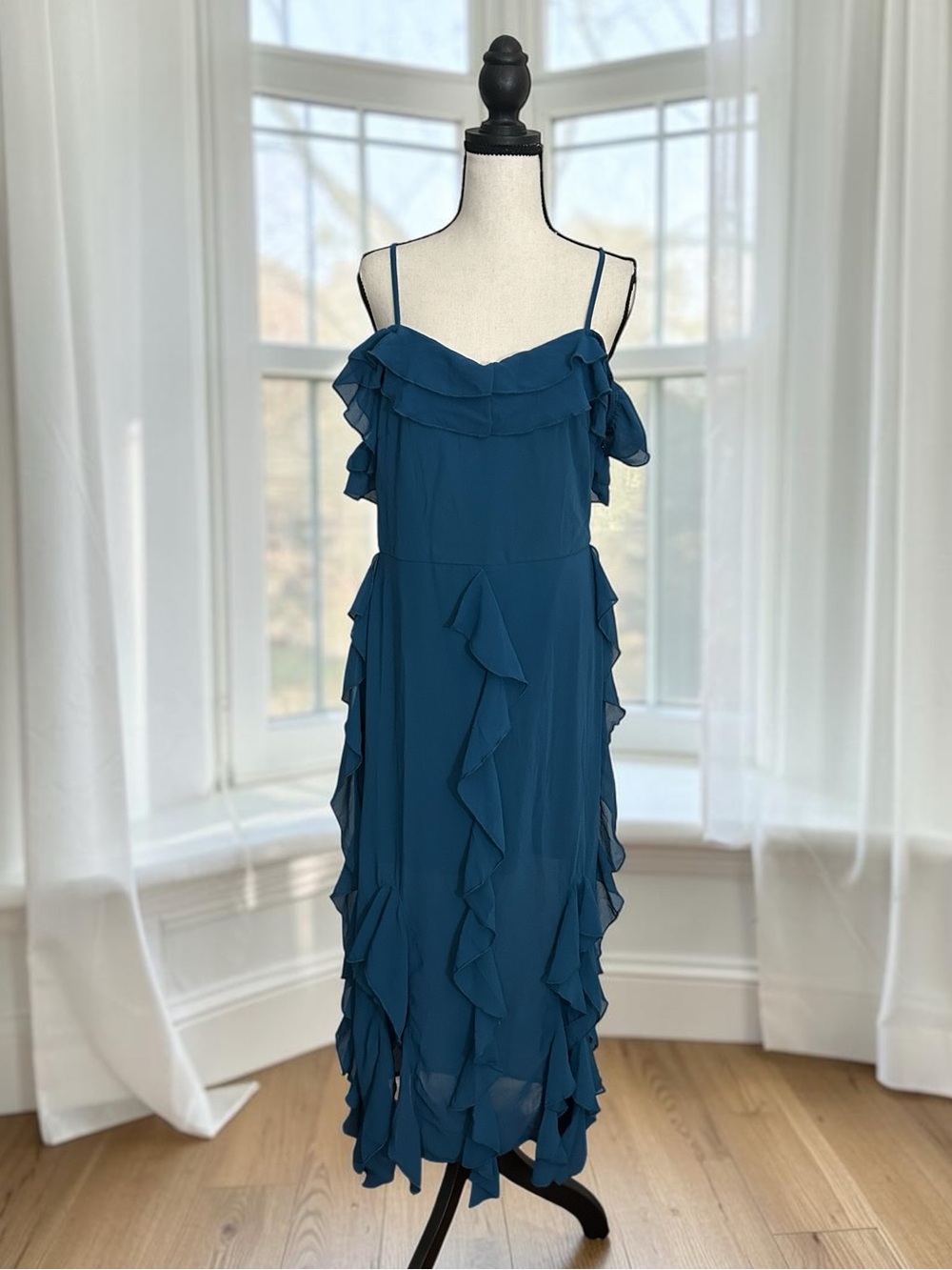 NIP Ruffled Teal Blue Off Shoulder Maxi Dress, Size L